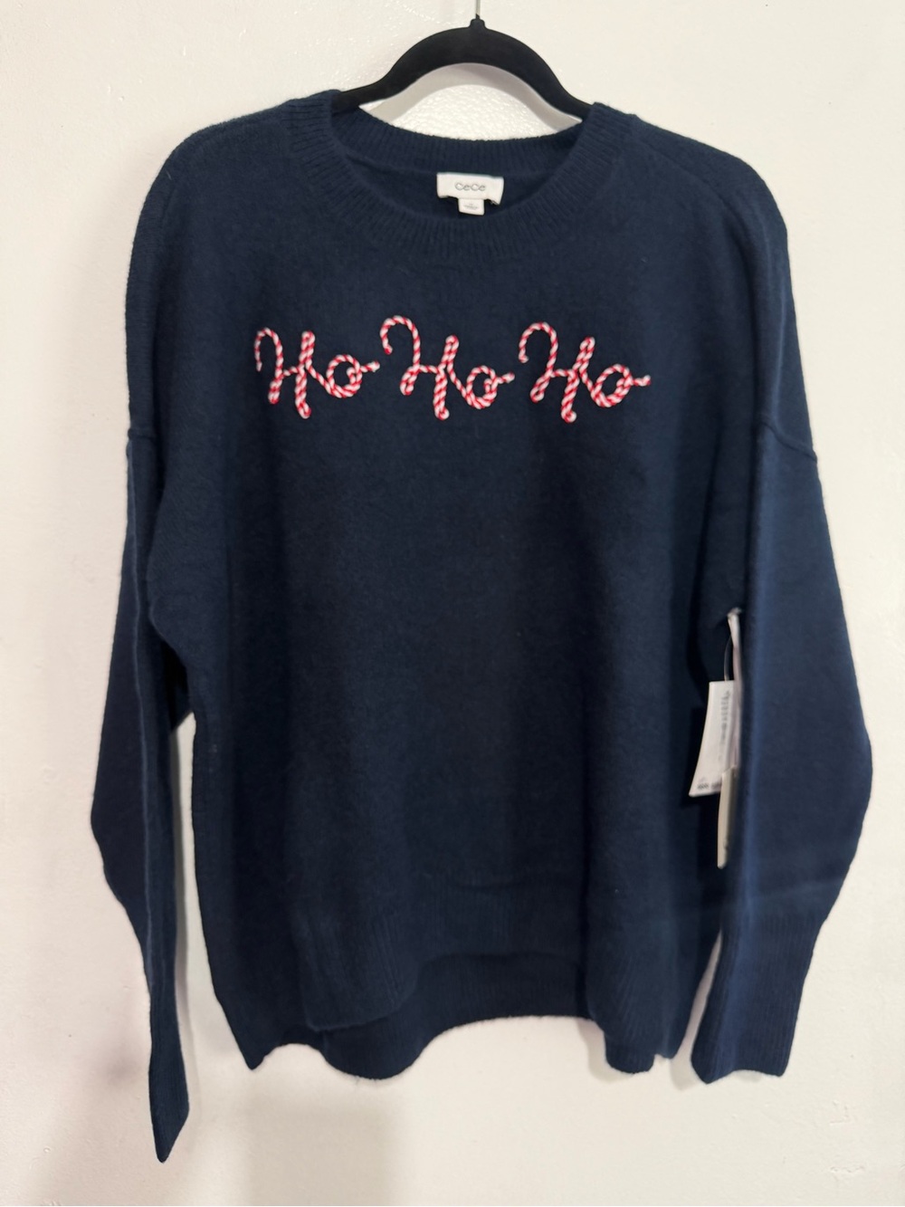 CeCe Ho Ho Ho Christmas Sweater M NWT Navy Holiday Embroidered Pullover